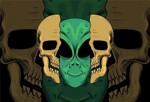 Download Skull with Alien Vector Illustration - Alien vector Collection